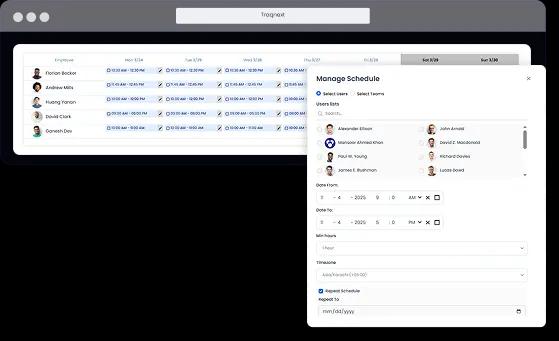 Call center shift schedule management calendar in TraqNext time and attendance