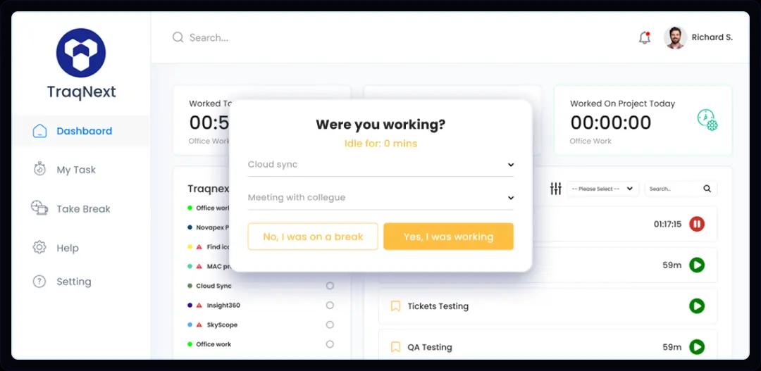 Call center idle time detection during shift hours with agent work or break confirmation in TraqNext
